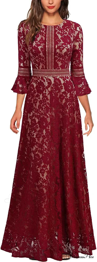 Vintage Full Lace Contrast Bell Sleeve Formal Long Dress