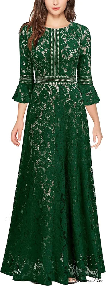Vintage Full Lace Contrast Bell Sleeve Formal Long Dress