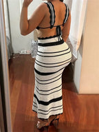 Chronstyle Women 2 Pieces Knitted Skirts Outfits Striped Print Cropped Tank Tops With High Waist Slim Long Set Beach