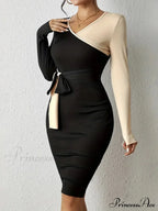 Color Block V Neck Long Sleeve Dress With Knot Detail