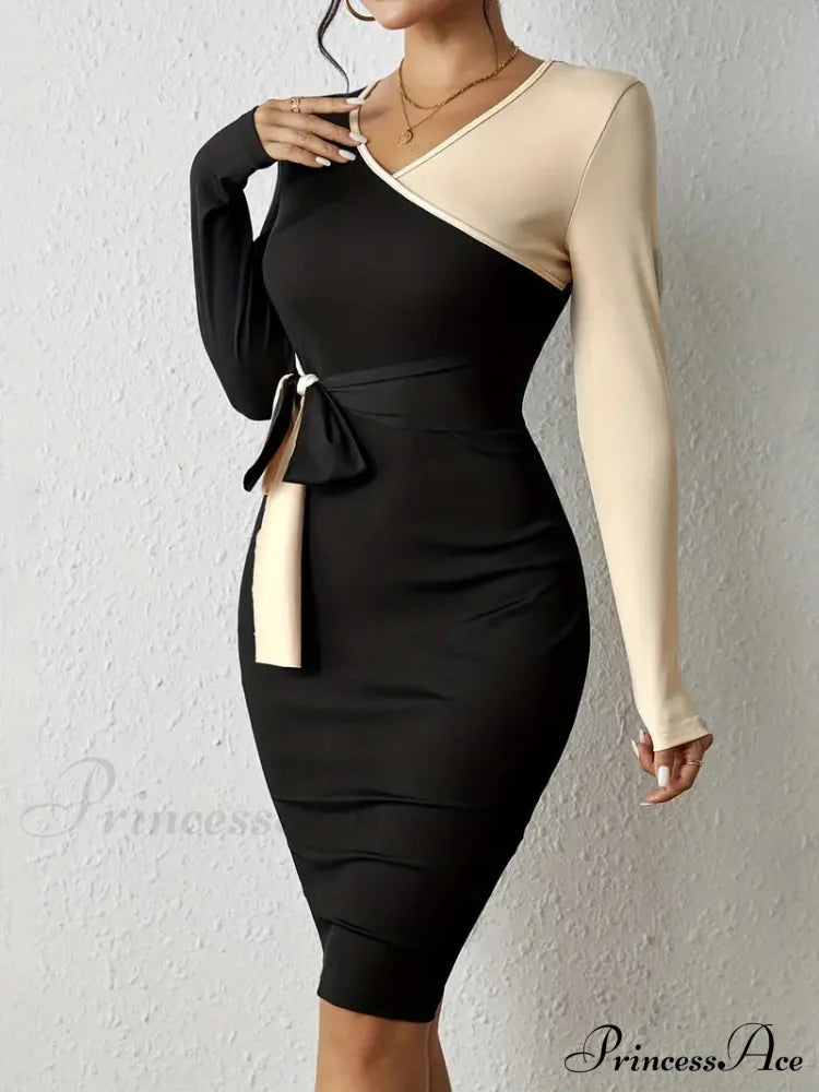 Color Block V Neck Long Sleeve Dress With Knot Detail