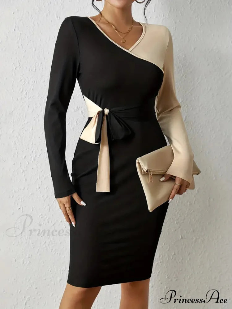 Color Block V Neck Long Sleeve Dress With Knot Detail