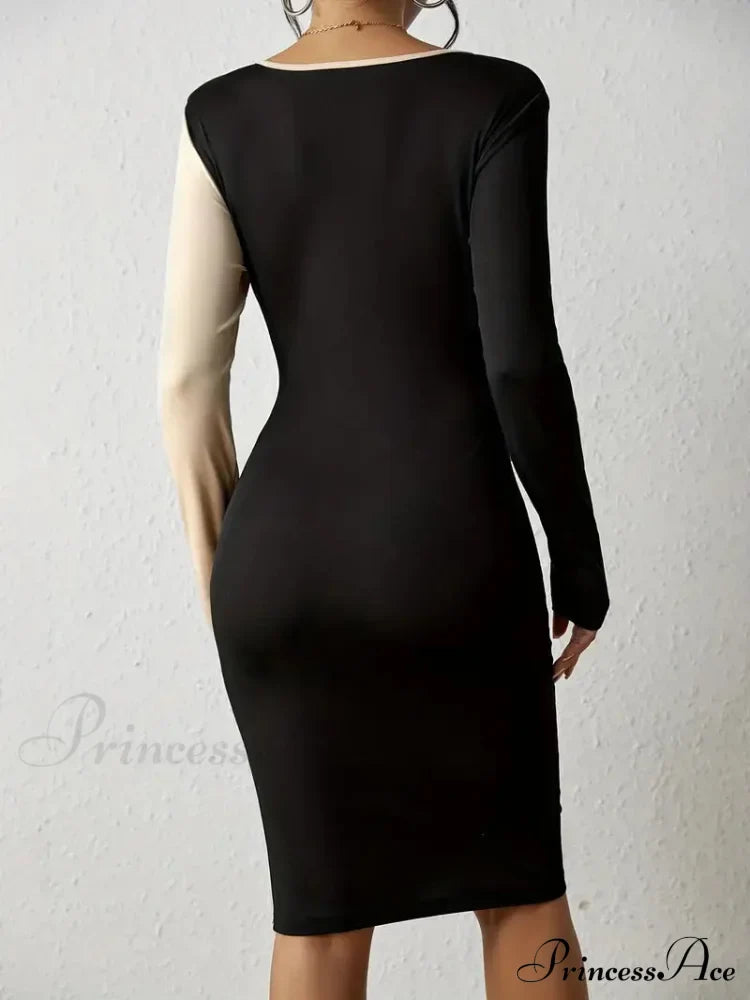 Color Block V Neck Long Sleeve Dress With Knot Detail