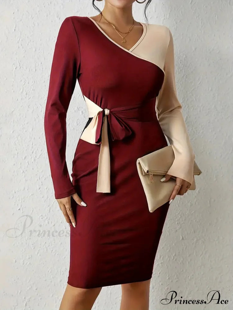 Color Block V Neck Long Sleeve Dress With Knot Detail
