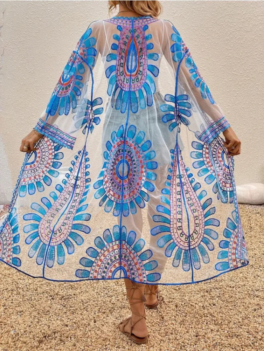 Colourful Floral Embroidery Boho Beach Cover-Up Lace Bikini