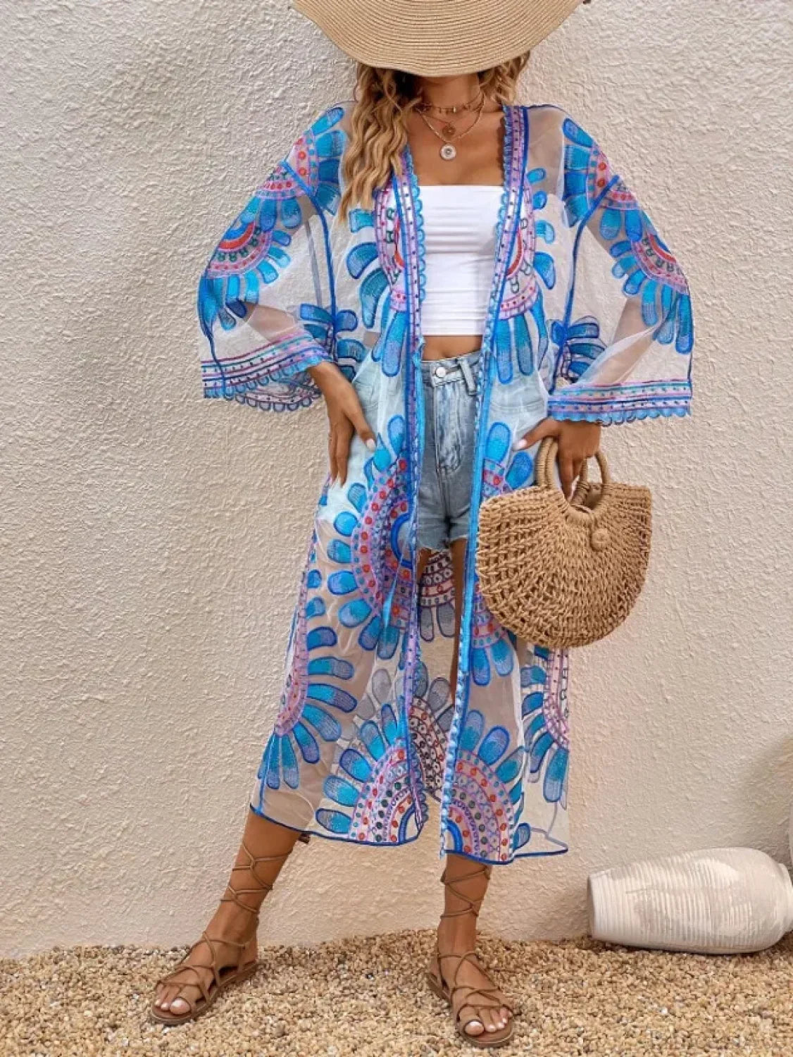 Colourful Floral Embroidery Boho Beach Cover-Up Lace Bikini