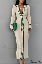 Contrast Ribbed Dress With Lapel