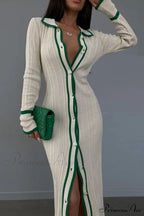 Contrast Ribbed Dress With Lapel