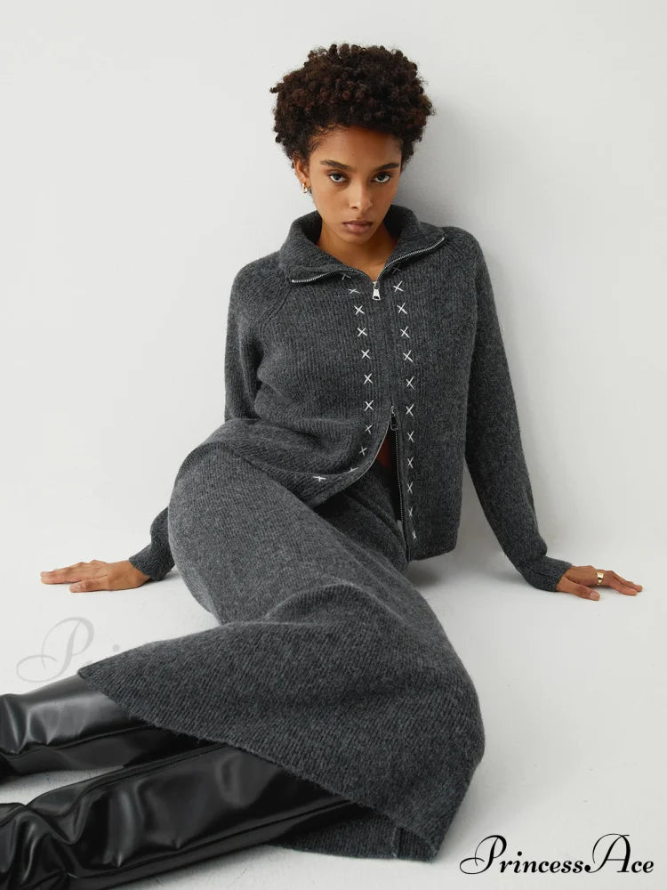 Contrast Stitches Two Way Zip Classic Long Sleeve Piece Skirt Set