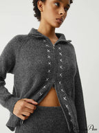 Contrast Stitches Two Way Zip Classic Long Sleeve Piece Skirt Set