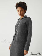 Contrast Stitches Two Way Zip Classic Long Sleeve Piece Skirt Set