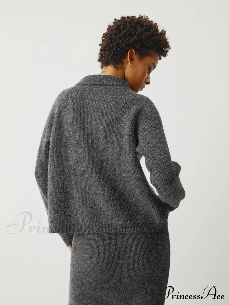 Contrast Stitches Two Way Zip Classic Long Sleeve Piece Skirt Set