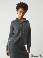 Contrast Stitches Two Way Zip Classic Long Sleeve Piece Skirt Set