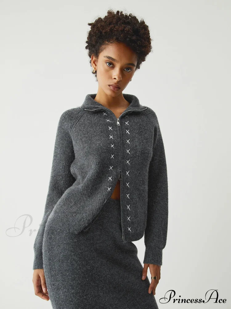 Contrast Stitches Two Way Zip Classic Long Sleeve Piece Skirt Set