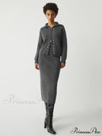 Contrast Stitches Two Way Zip Classic Long Sleeve Piece Skirt Set