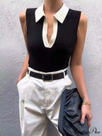 Contrast Trim Collar Trendy V-Neck Knit Sweater Vest