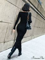 Contrast Trim Low Trendy Cut Knit Long Dress