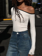 Contrast Trim Off Trendy Shoulder Long Sleeve Shirt