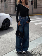 Contrast Trim Off Trendy Shoulder Long Sleeve Shirt