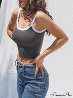 Contrast Trim Rib-Knit Trendy Crop Cami Top