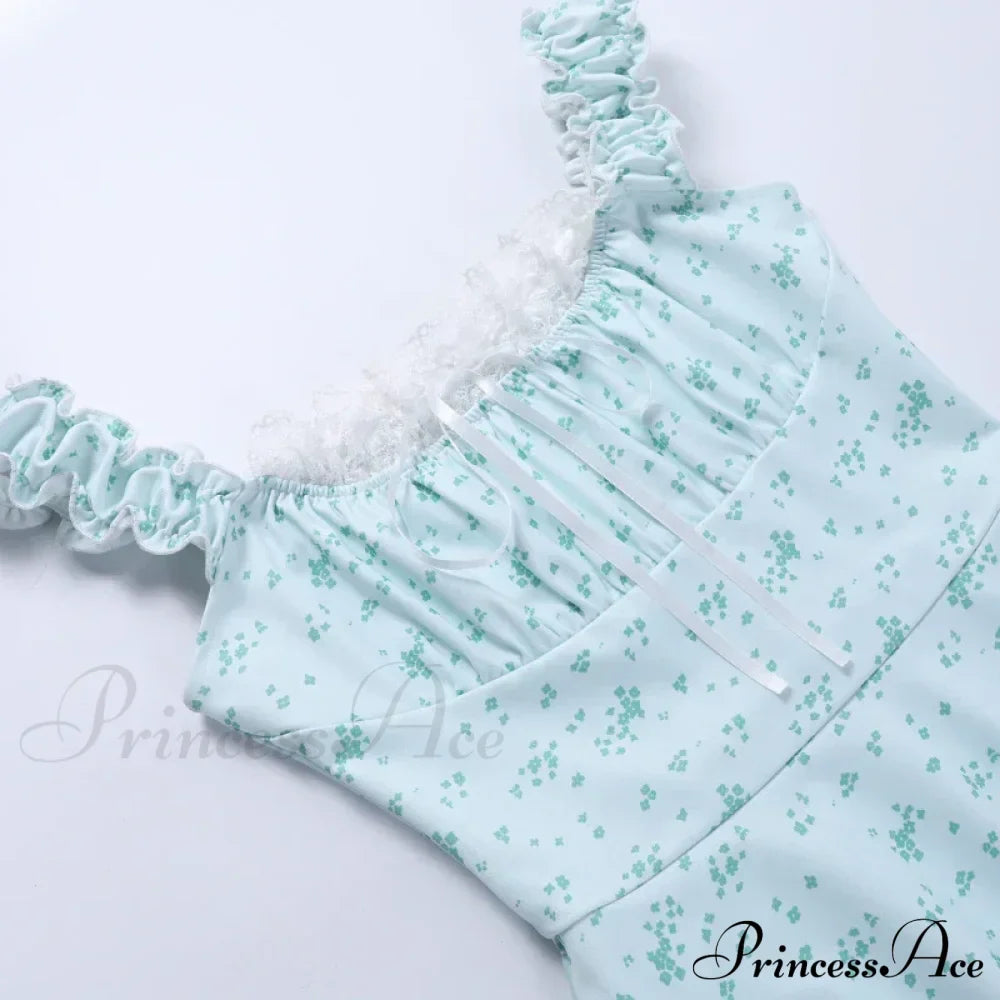 Coquette Y2K Printpatchwork Lace Trim Vintage Square Neck T-Shirts Floral Dress