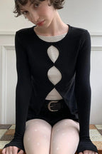 Cotton Cropped Faux Two-Piece Slim Long Sleeve Tee