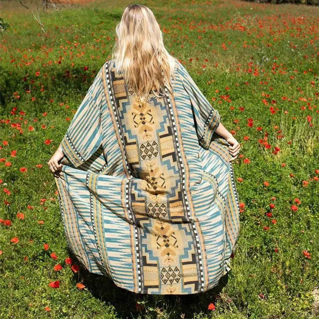 Cotton Ethnic Print Kimono Cardigan Boho Beach Cover Up