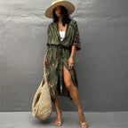 Cotton Rayon Striped Print Cardigan Boho Beach Cover Up