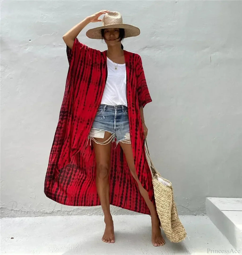 Cotton Rayon Striped Print Cardigan Boho Beach Cover Up