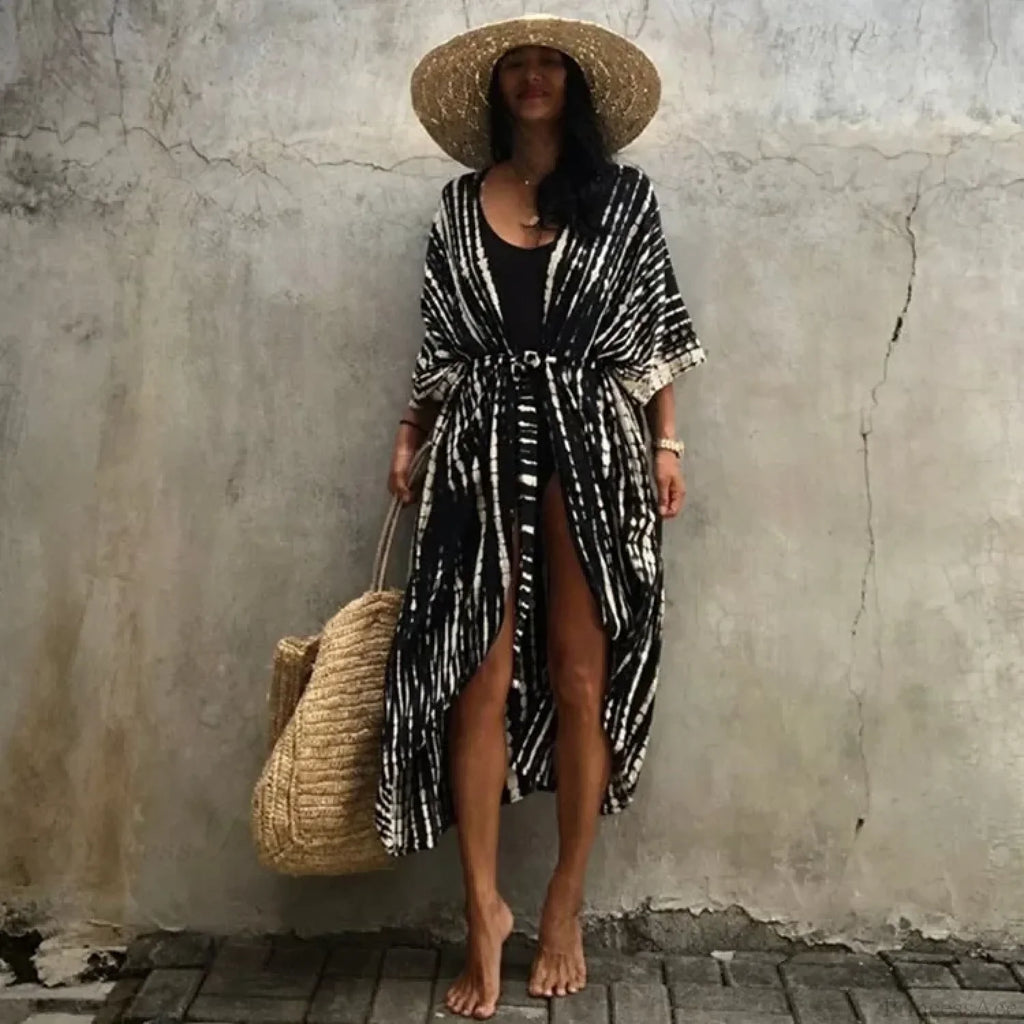 Cotton Rayon Striped Print Cardigan Boho Beach Cover Up