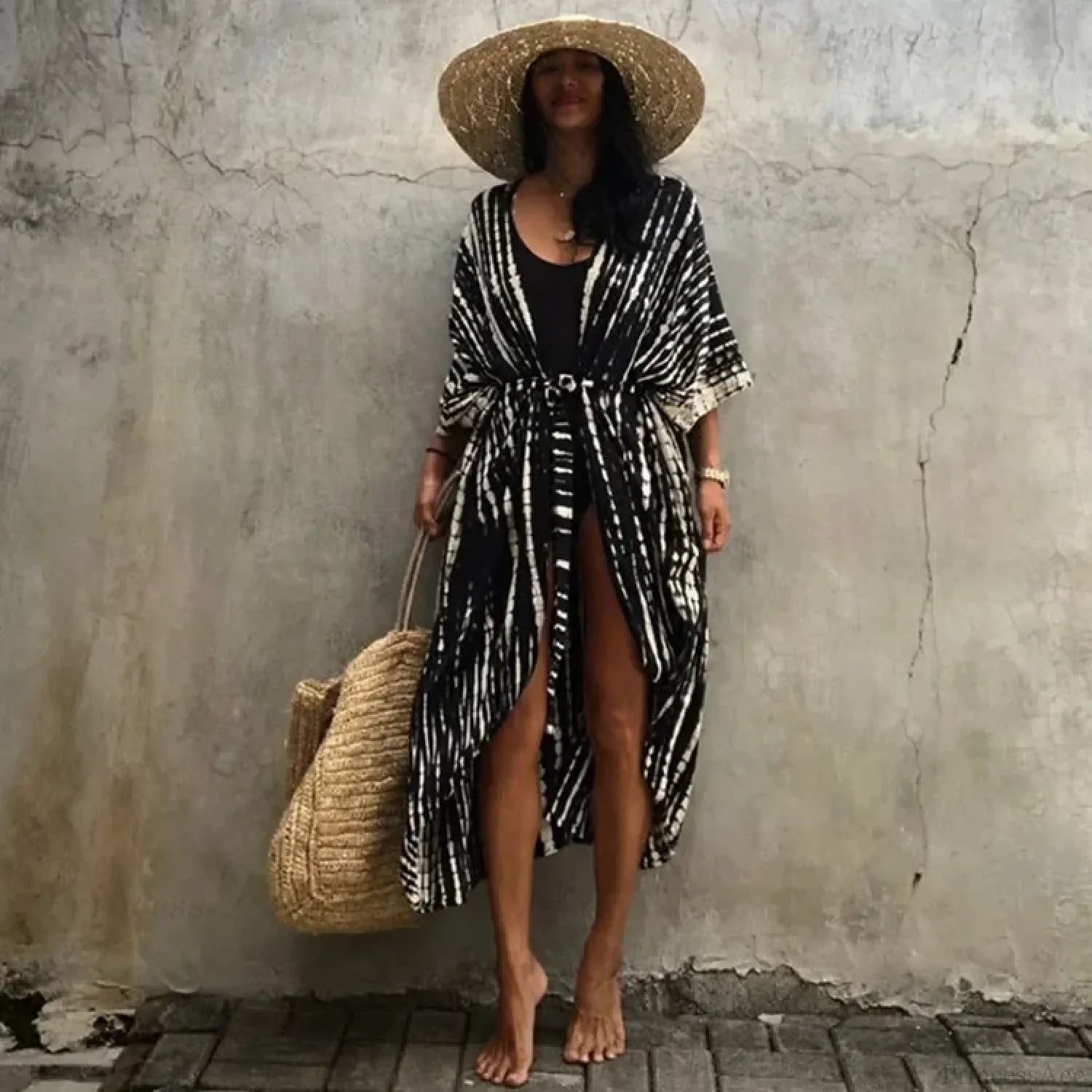 Cotton Rayon Striped Print Cardigan Boho Beach Cover Up