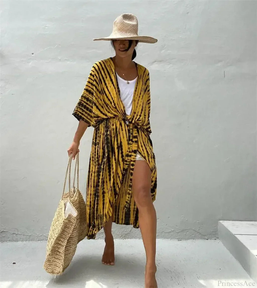 Cotton Rayon Striped Print Cardigan Boho Beach Cover Up