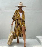 Cotton Rayon Striped Print Cardigan Boho Beach Cover Up