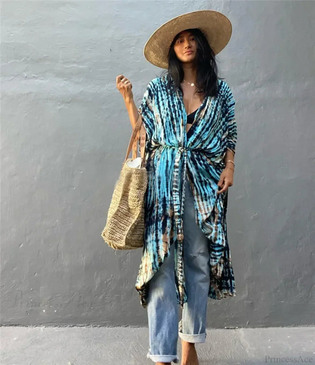Cotton Rayon Striped Print Cardigan Boho Beach Cover Up