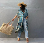 Cotton Rayon Striped Print Cardigan Boho Beach Cover Up