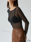 Crew Neck Sequined Trendy Long Sleeve Mesh Shirt