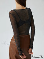 Crew Neck Sequined Trendy Long Sleeve Mesh Shirt