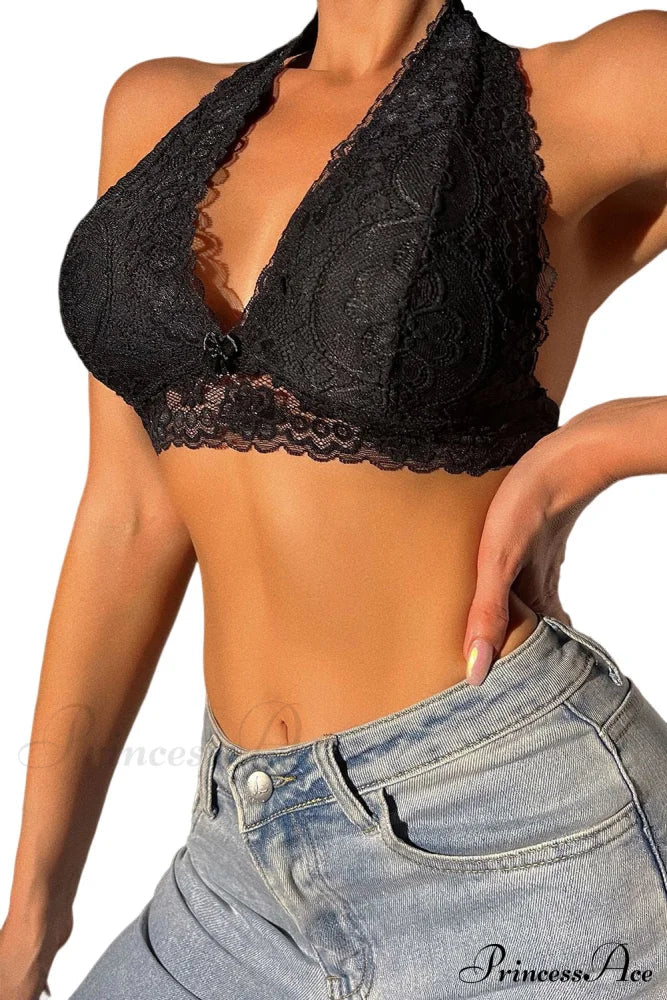 Crochet Bralette Halter Neck In Lace Black