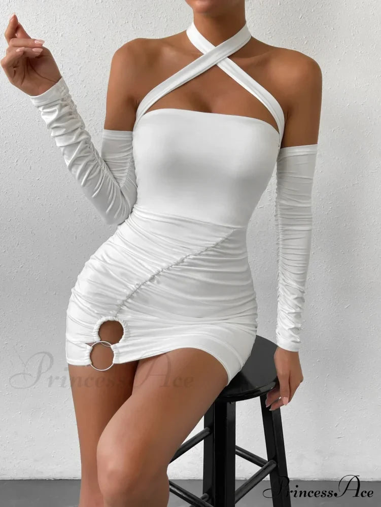 Cross Neck Hanging Bodycon Mini Off Shoulder Long Sleeve Hollow Out Back Pleated Wrapped Hip Skirt Cut Dress