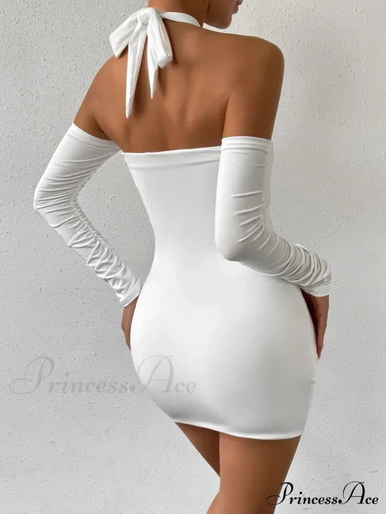 Cross Neck Hanging Bodycon Mini Off Shoulder Long Sleeve Hollow Out Back Pleated Wrapped Hip Skirt Cut Dress
