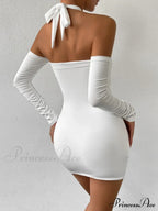 Cross Neck Hanging Bodycon Mini Off Shoulder Long Sleeve Hollow Out Back Pleated Wrapped Hip Skirt Cut Dress