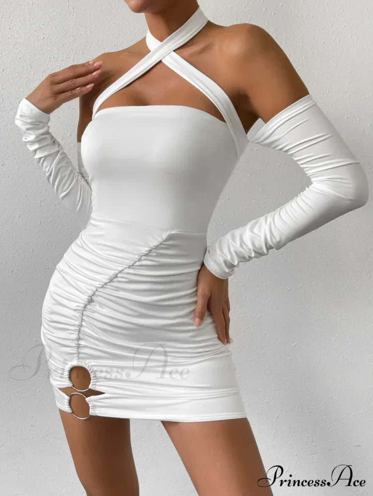 Cross Neck Hanging Bodycon Mini Off Shoulder Long Sleeve Hollow Out Back Pleated Wrapped Hip Skirt Cut Dress