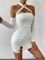 Cross Neck Hanging Bodycon Mini Off Shoulder Long Sleeve Hollow Out Back Pleated Wrapped Hip Skirt Cut Dress
