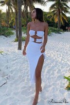 Cutout Drawstring Side Slit Dress With Strapless Design