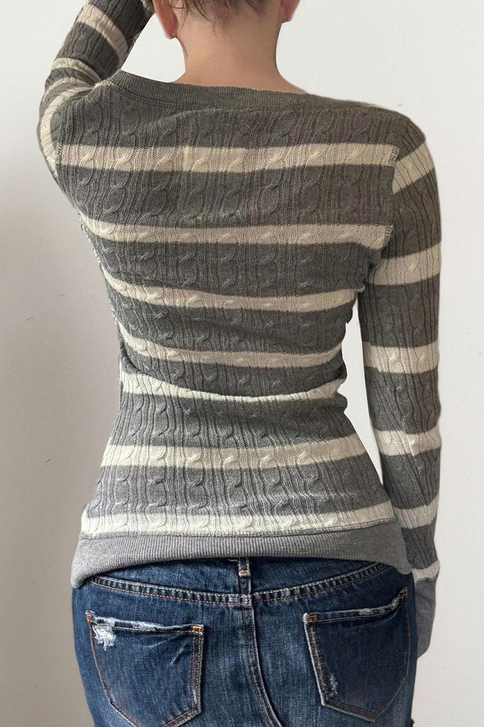 Cable Knit Striped Square Neck Sweet Sweater