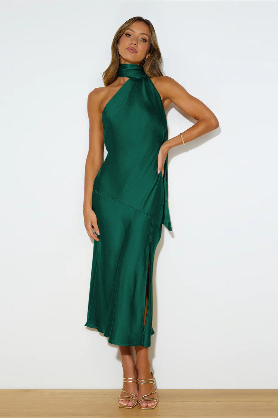 Satin Slit Hem Backless Midi Dress