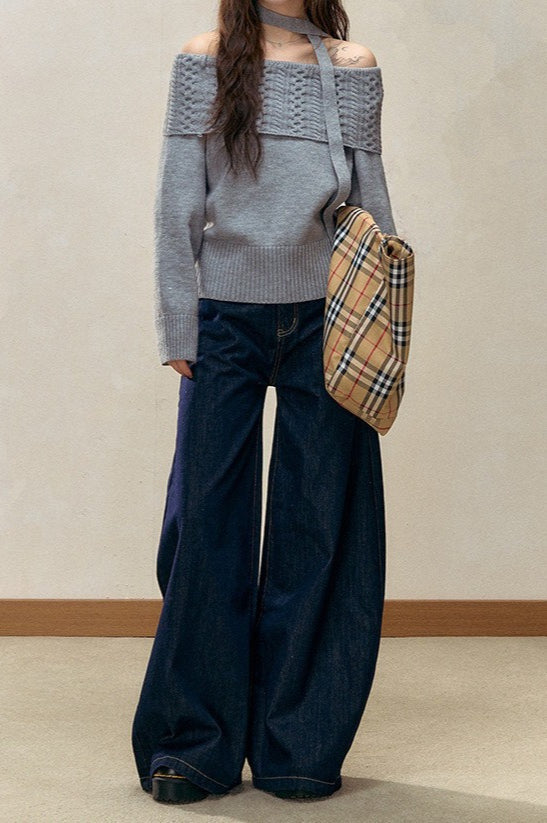 Off-The-Shoulder Fitted Cable Knit Blouse