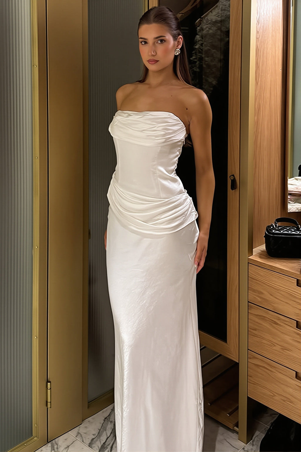 Solid Satin Shirred Strapless Elegant Maxi Dress