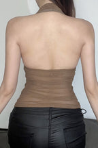 V Neck Halter Mesh Ruched Tank Top