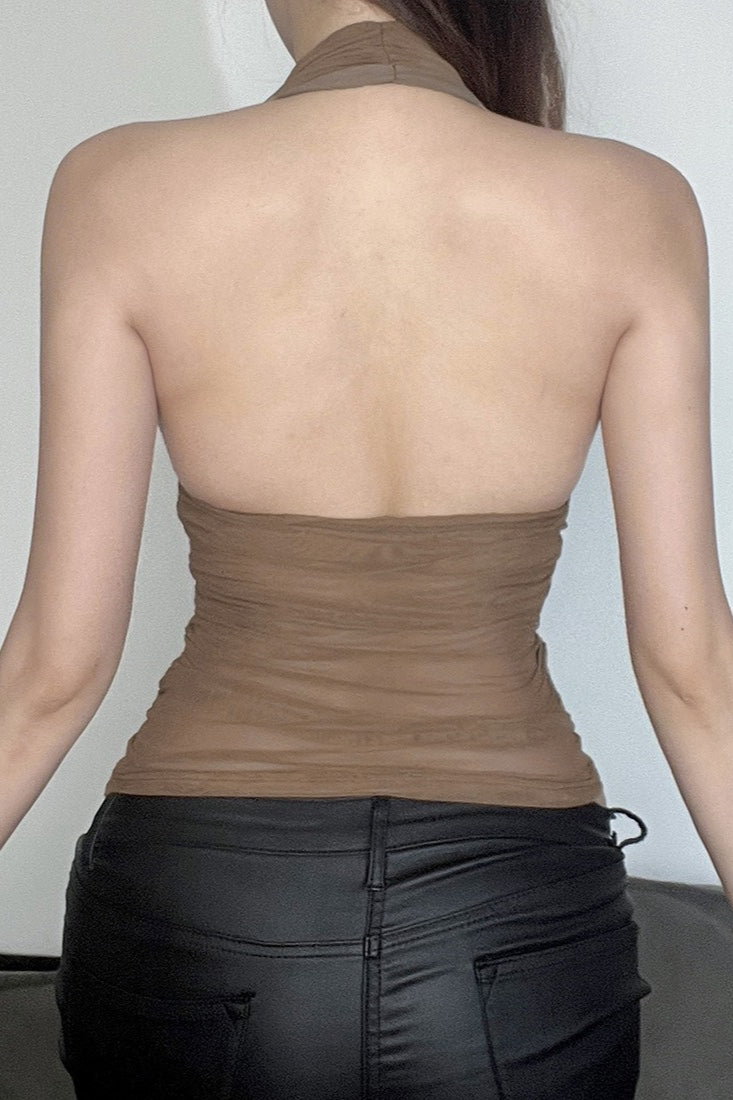 V Neck Halter Mesh Ruched Tank Top